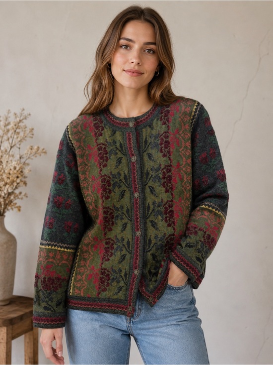 Cherry Lewis Sweaters - Vintage Cherry Lewis Vintage Wool Blend Multicolor tapestry knit Cardigan large
